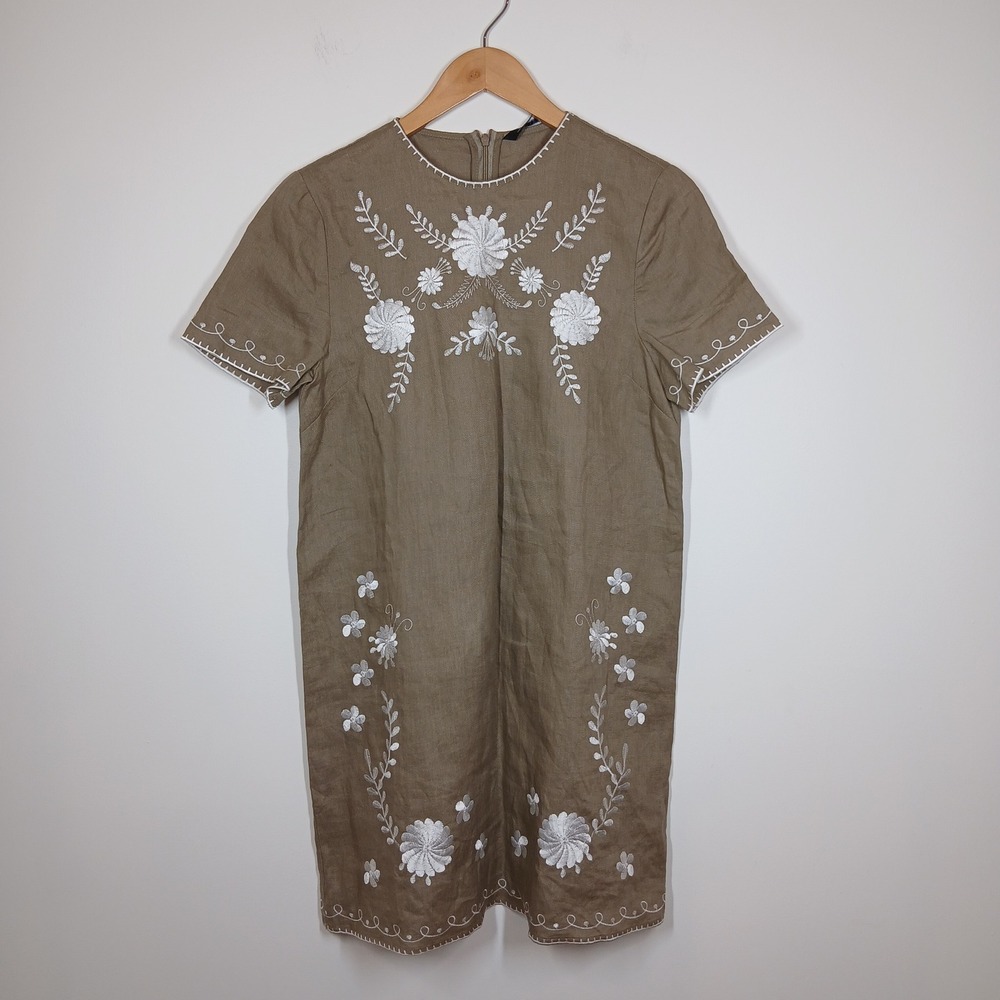 Zara Mini Dress XS Short Sleeve 100% Linen Embroidered Floral Shift Olive Taupe